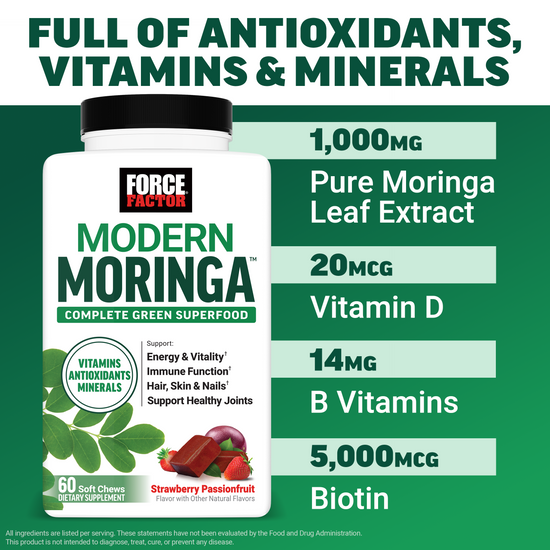 Force Factor Modern Moringa bottle highlighting 1,000mg pure moringa leaf extract, 20mcg vitamin D, 14mg B vitamins, and 5,000mcg biotin