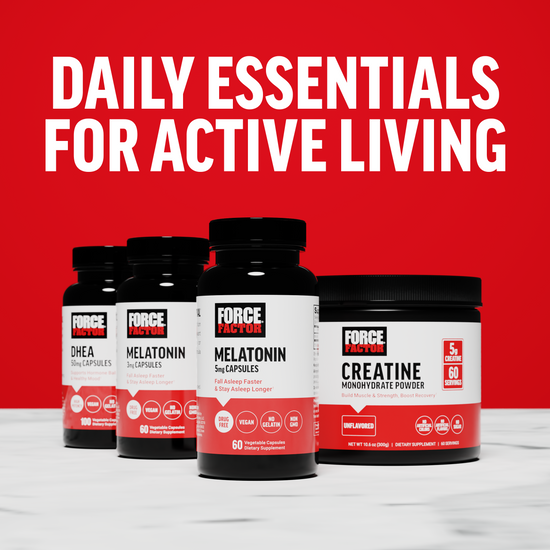 Four supplement bottles on a white surface with a red background and text "Daily Essentials for Active Living."