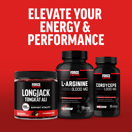 Three Force Factor supplements: Longjack Tongkat Ali, L-Arginine, and Cordyceps against a red background with promotional text.