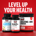 Force Factor Amazing Ashwa, NAD+, and Creatine + HMB Powder with "Level Up Your Health" text
