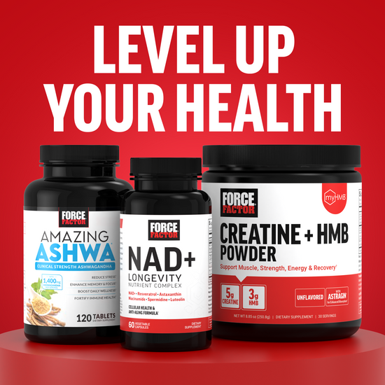 Force Factor Amazing Ashwa, NAD+, and Creatine + HMB Powder with "Level Up Your Health" text