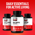 Three Force Factor supplement bottles: Milk Thistle, Acetyl L-Carnitine, and Caffeine with a vibrant red background.