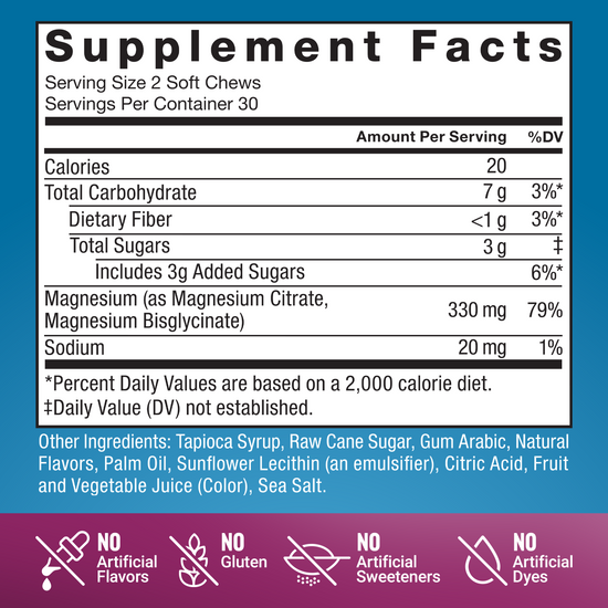 Supplement facts panel for Force Factor Ultimate Magnesium showing 330mg magnesium, 20 calories, and clean label icons.