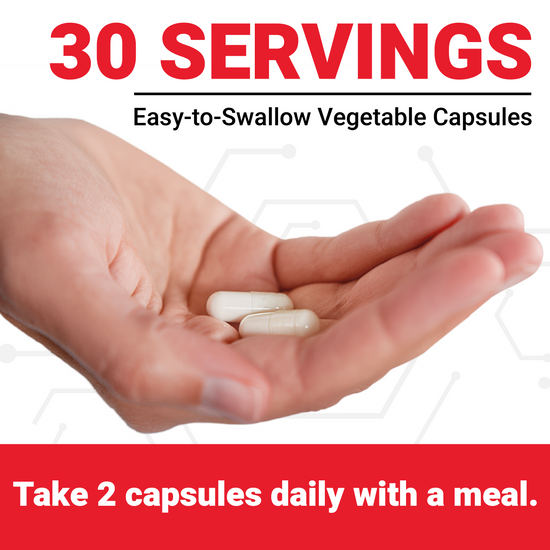 Hand holding two white NMN capsules with 30 servings and daily dosage instructions