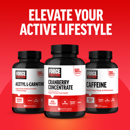 Force Factor Acetyl L-Carnitine, Cranberry Concentrate, and Caffeine bottles with text elevate your active lifestyle