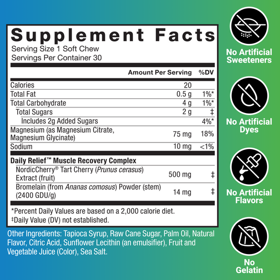 Supplement Facts panel for Daily Relief Muscle soft chew with tart cherry and bromelain.