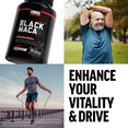 Black Maca bottle with active men and bold text: "Enhance Your Vitality & Drive."