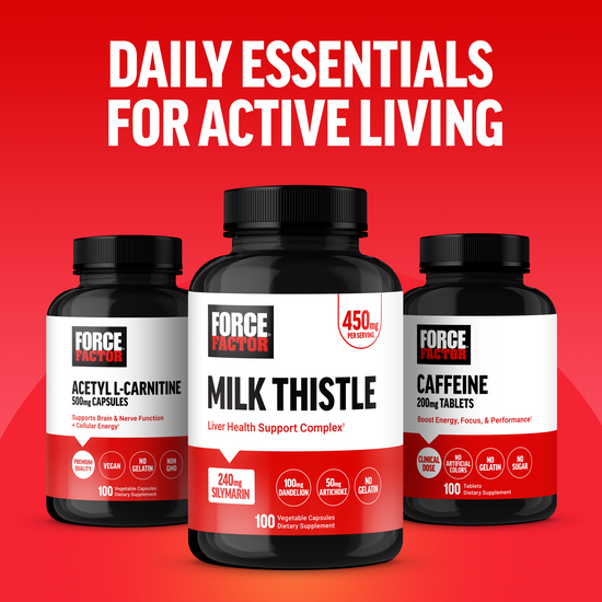 Trio of Force Factor supplements labeled daily essentials: Acetyl L-Carnitine, Milk Thistle, and Caffeine.