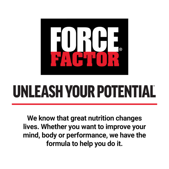 Force Factor logo with tagline "Unleash Your Potential" and a message about improving mind, body, and performance.