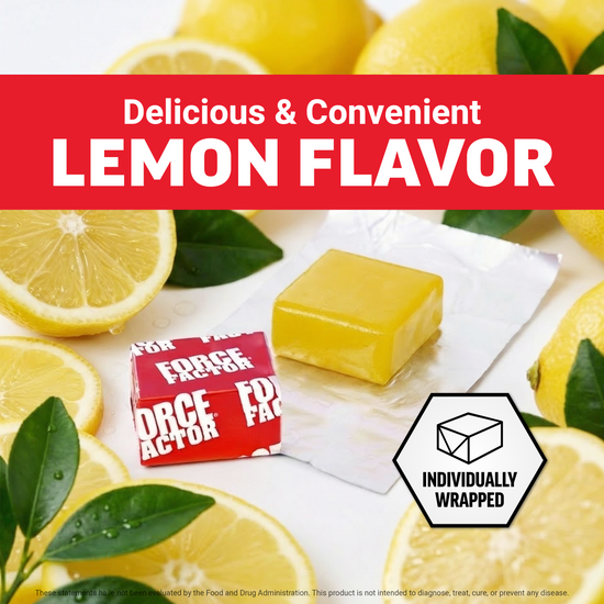 Individually wrapped lemon-flavored Force Factor glutathione soft chews surrounded by fresh lemons