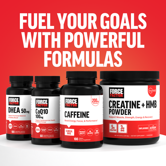 Lineup of Force Factor products including DHEA, CoQ10, Caffeine, and Creatine + HMB Powder with headline “Fuel Your Goals.”