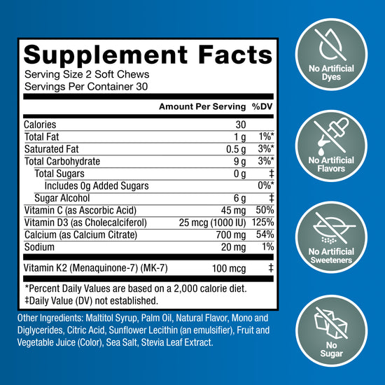 Supplement facts panel for Bone Health Plus Strength soft chews with no artificial dyes, flavors, sweeteners, or sugar icons