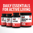 Lineup of Force Factor daily essentials bottles, including DHEA, CoQ10, Caffeine, and Creatine + HMB Powder, under headline “Daily Essentials for Active Living”