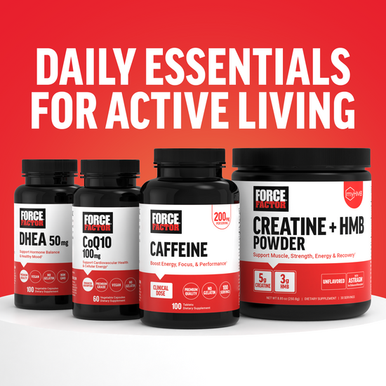 Lineup of Force Factor daily essentials bottles, including DHEA, CoQ10, Caffeine, and Creatine + HMB Powder, under headline “Daily Essentials for Active Living”