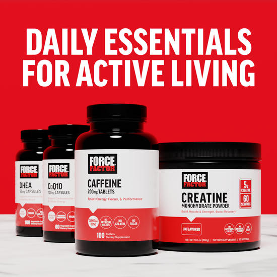Daily essentials supplement bottles against a red background, labeled for active living.