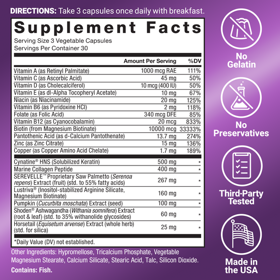 Hair Growth Accelerator Pro supplement facts panel with no gelatin, no preservatives, third-party tested, made in USA icons