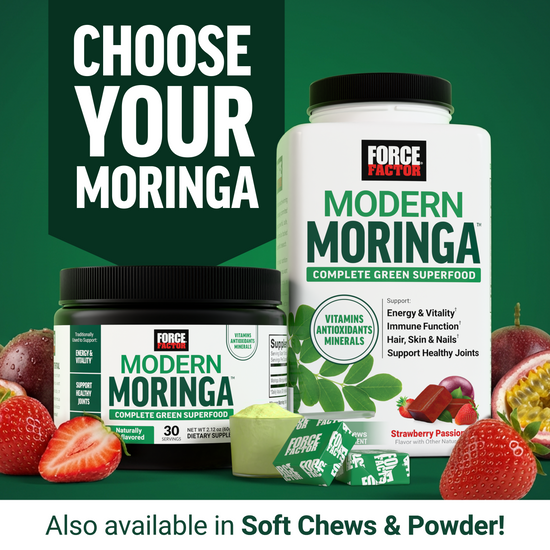 Force Factor Modern Moringa capsules and powder formats displayed with strawberries and passion fruit