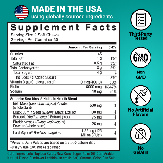 Supplement facts for Superior Sea Moss chews with icons for non-GMO, no artificial flavors, and third-party tested.
