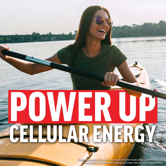 Woman kayaking and smiling above bold headline Power Up Cellular Energy.