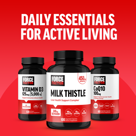 Force Factor daily essentials lineup featuring Vitamin D3, Milk Thistle, and CoQ10 for active living