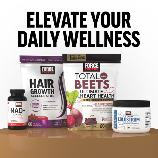 Force Factor product lineup with NAD+, Hair Growth Accelerator, Total Beets, and Colostrum.