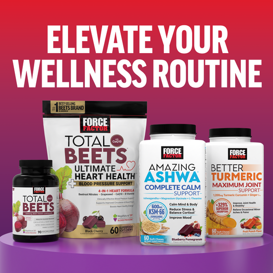 Force Factor supplements for heart, nerve, calm, and joint health displayed on purple background.