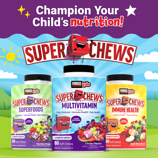 Three bottles of Super Chews supplements with colorful designs against a cheerful outdoor background promoting children's nutrition.