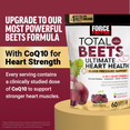 Force Factor Total Beets® pouch with text promoting CoQ10 for heart strength and 4-in-1 heart support.