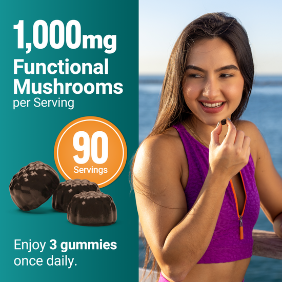 Woman smiling outdoors eating a mushroom gummy with 1,000mg functional mushrooms and 90 servings callout