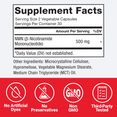 Supplement facts panel for Force Factor NMN capsules with 500mg per serving, non-GMO, no artificial dyes, third-party tested