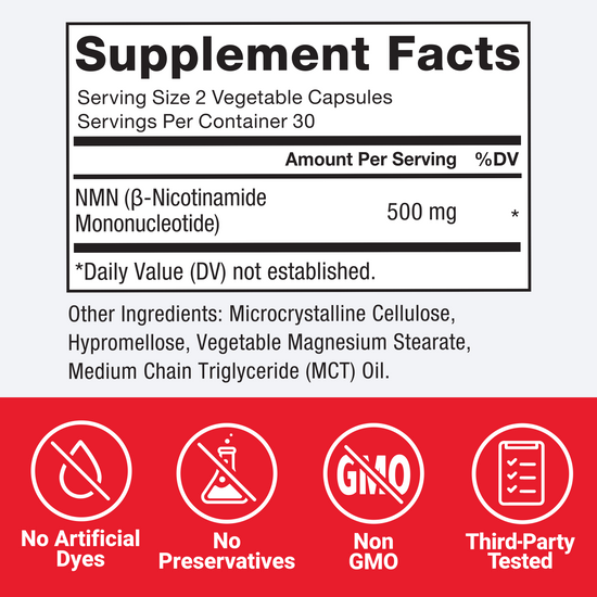 Supplement facts panel for Force Factor NMN capsules with 500mg per serving, non-GMO, no artificial dyes, third-party tested