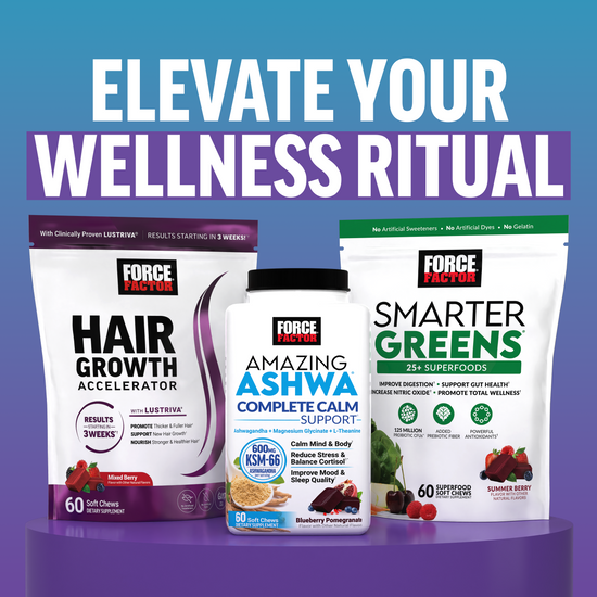 Hair Growth, Amazing Ashwa, and Smarter Greens shown under wellness ritual banner