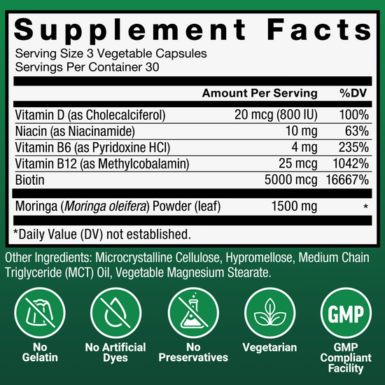 Supplement facts panel for Force Factor Modern Moringa capsules, vegetarian and GMP compliant