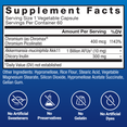 Supplement facts label showing serving size, key ingredients, and no artificial sweeteners, preservatives, dyes, or gelatin.