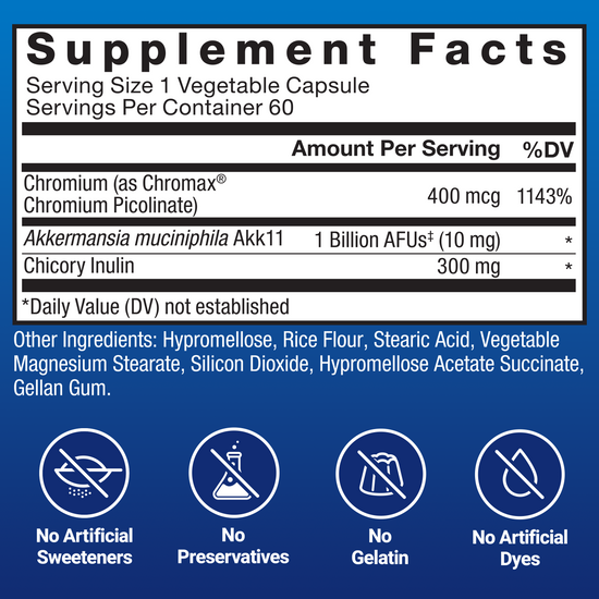 Supplement facts label showing serving size, key ingredients, and no artificial sweeteners, preservatives, dyes, or gelatin.