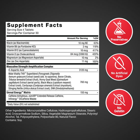 Supplement facts for Test X180 Boost, listing vitamins, minerals, and testosterone-supporting ingredients.