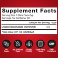 Creatine monohydrate supplement facts panel with icons for no sugar, no artificial dyes, vegan, third-party tested, GMP.