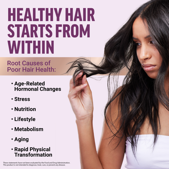 Woman examining thinning hair with root causes listed including stress and aging