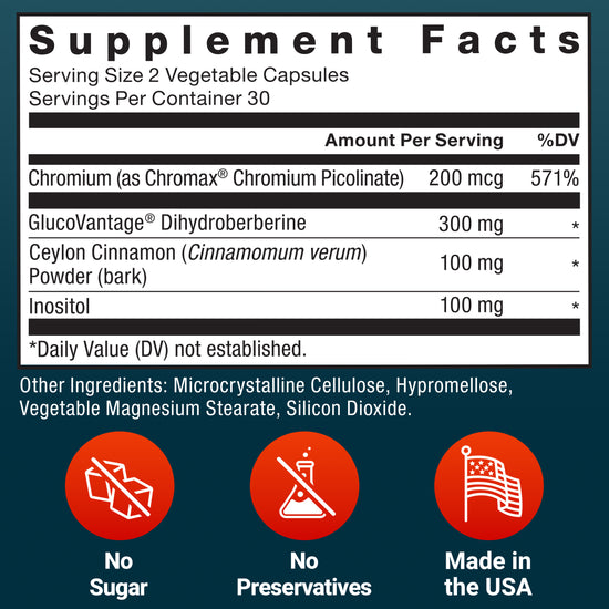 Supplement facts panel for berberine capsules with no sugar, no preservatives, made in USA icons