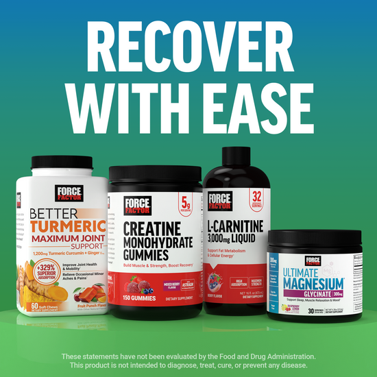 Assorted Force Factor products with header: “Recover With Ease.”