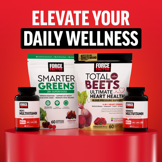 Force Factor daily wellness lineup including Smarter Greens, Total Beets, and men’s and women’s multivitamins on red platform.