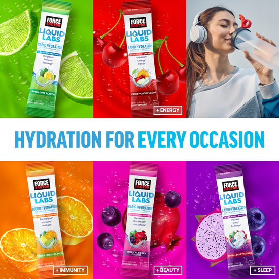 Colorful drink packets with a woman enjoying hydration. Text reads "Hydration for Every Occasion."