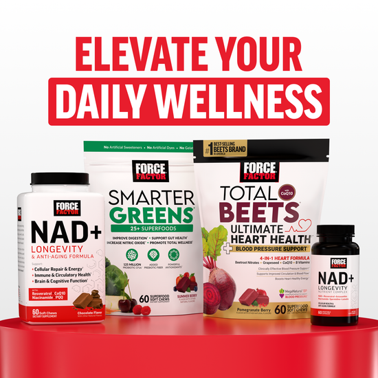 Force Factor NAD+, Smarter Greens, and Total Beets products under “Elevate Your Daily Wellness” banner.