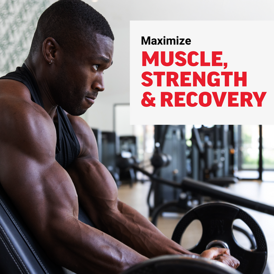 Muscular man lifting weights in a gym with text promoting muscle, strength, and recovery support.