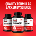 Force Factor Acetyl L-Carnitine, D-Mannose, and Caffeine bottles with text quality formulas backed by science