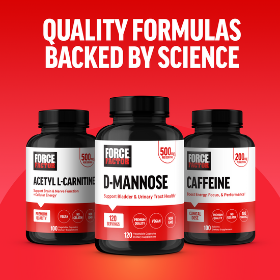 Force Factor Acetyl L-Carnitine, D-Mannose, and Caffeine bottles with text quality formulas backed by science