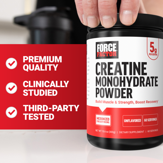 Force Factor Creatine Monohydrate Powder shown with text emphasizing quality, clinical research, and third-party testing.
