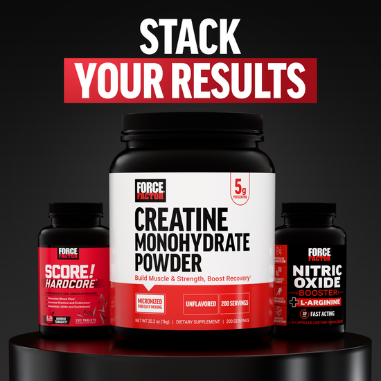 Stack Your Results graphic featuring Creatine Monohydrate Powder with Score Hardcore and Nitric Oxide Booster bottles.
