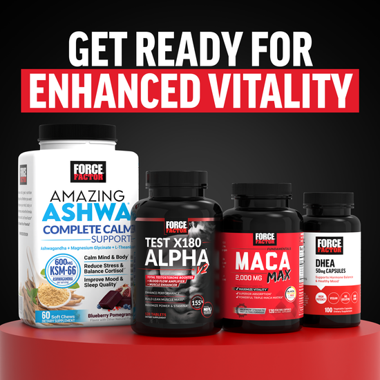 Force Factor product lineup including DIM Max, Maca, DHEA, Test X180 Alpha, and Amazing Ashwa for vitality.