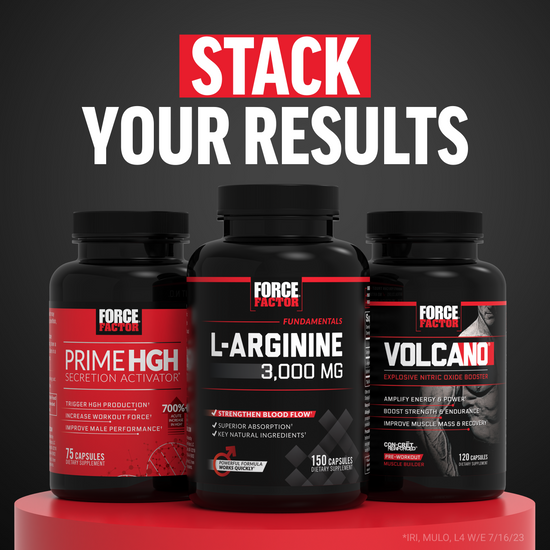 Three Force Factor supplements: Prime HGH, L-Arginine, and Volcano, stacked together for performance enhancement.